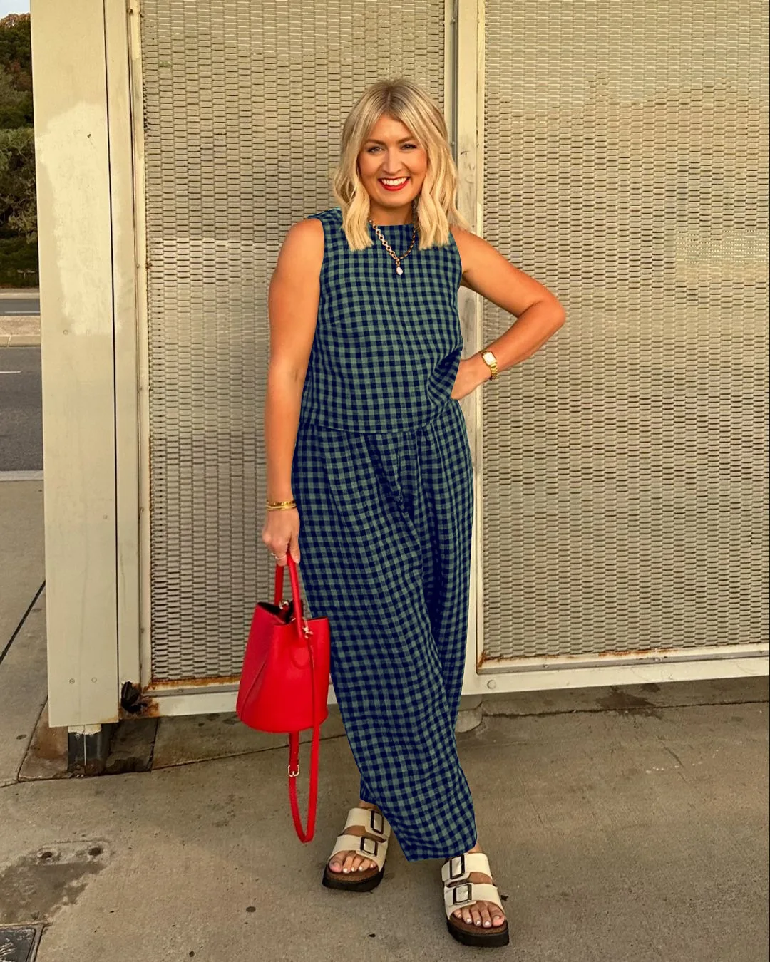 2026 Summer Women's Loose Casual Sleeveless Vest Pants Set Pure Color Plaid Comfortable Cross-Border Fashion Korean Style