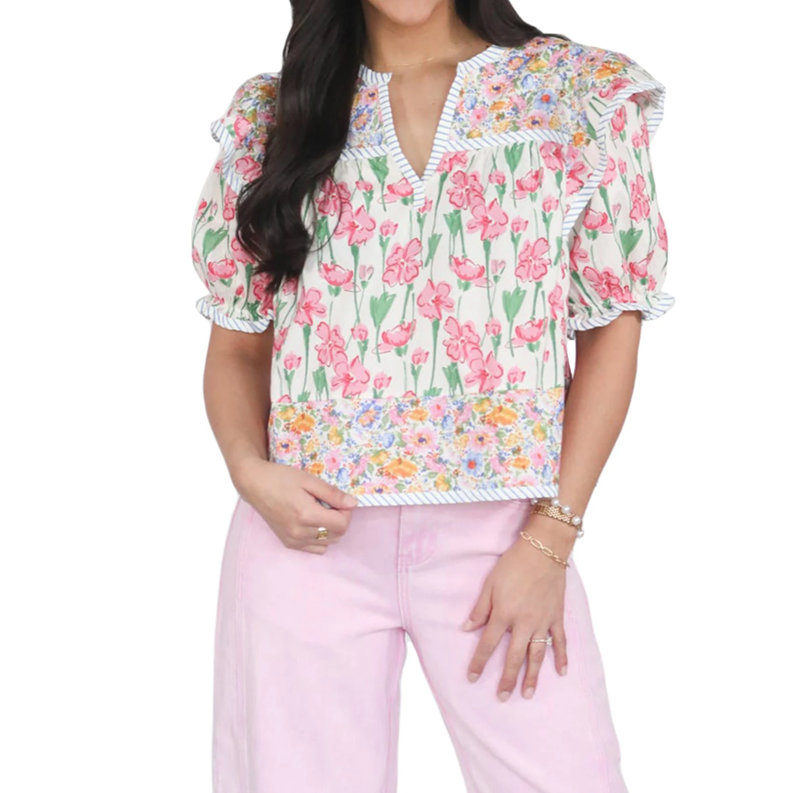 

Women s Floral Print V-Neck Short Sleeve Blouse Summer Casual Top Streetwear Fashion Shirt Trendy Tee