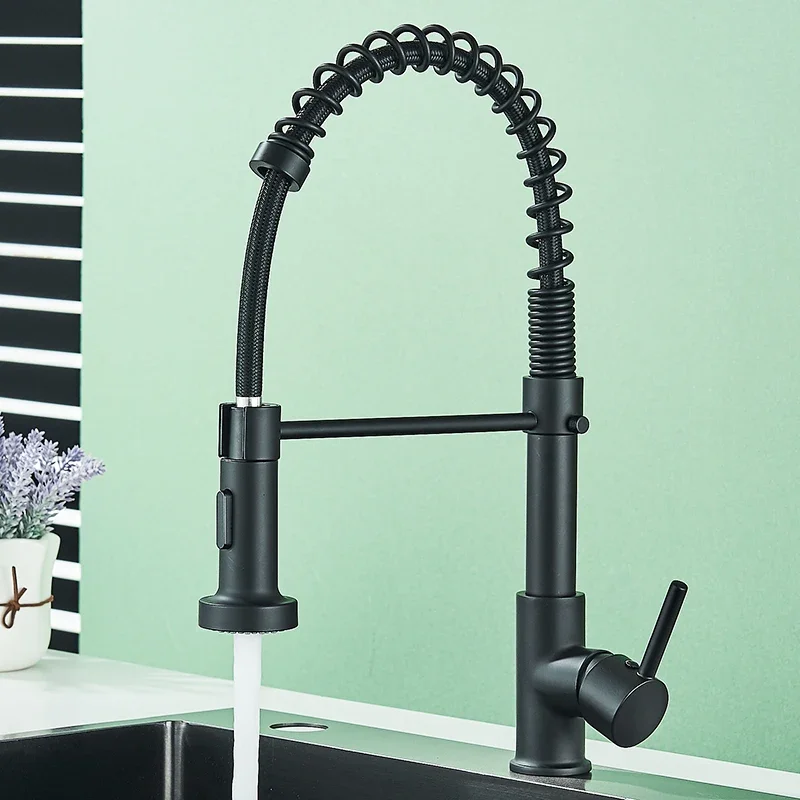 

Матовый черный выдвижной кухонный смеситель с двойным режимом воды, насадка, смеситель для горячей и холодной воды, кран, латунные пружинные смесители для кухонной мойки