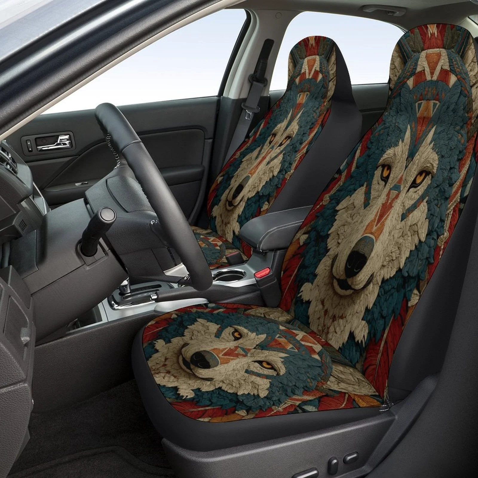 Wolf Tribal Art Designed Car Seat Cover Set For Most Cars, Trendy Novelty High-quality Car Seat Protector Covers Full Set, Unive