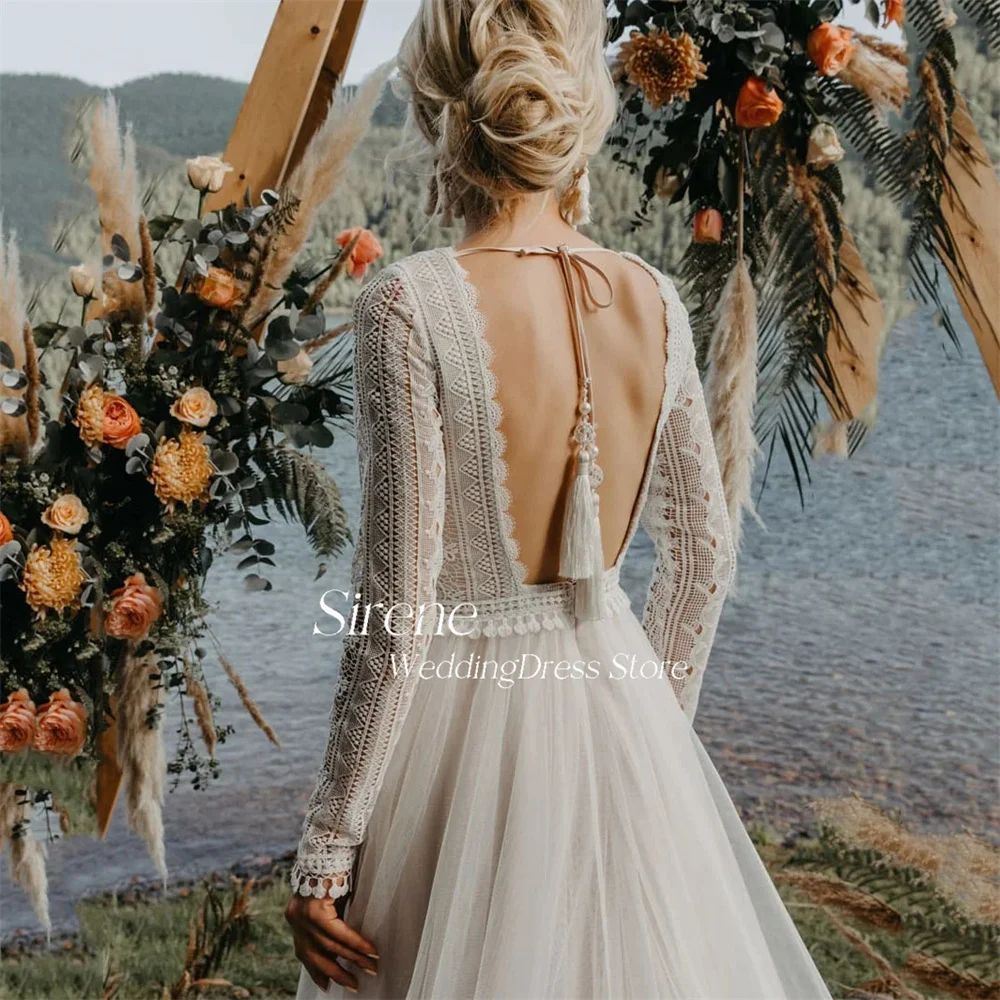 Sirene Boho Beach Long Sleeve Lace Tulle Wedding Dress Elegant A-Line V-Neck Backless Floor Length Bridal Gown Robe de mariée