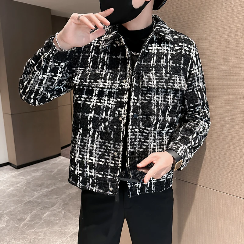 

Autumn 2025 Men's Casual Plaid Woolen Jaet Coat Trendy Korean Sle Top Outerwear Stand Fit Long Sve Youth ular