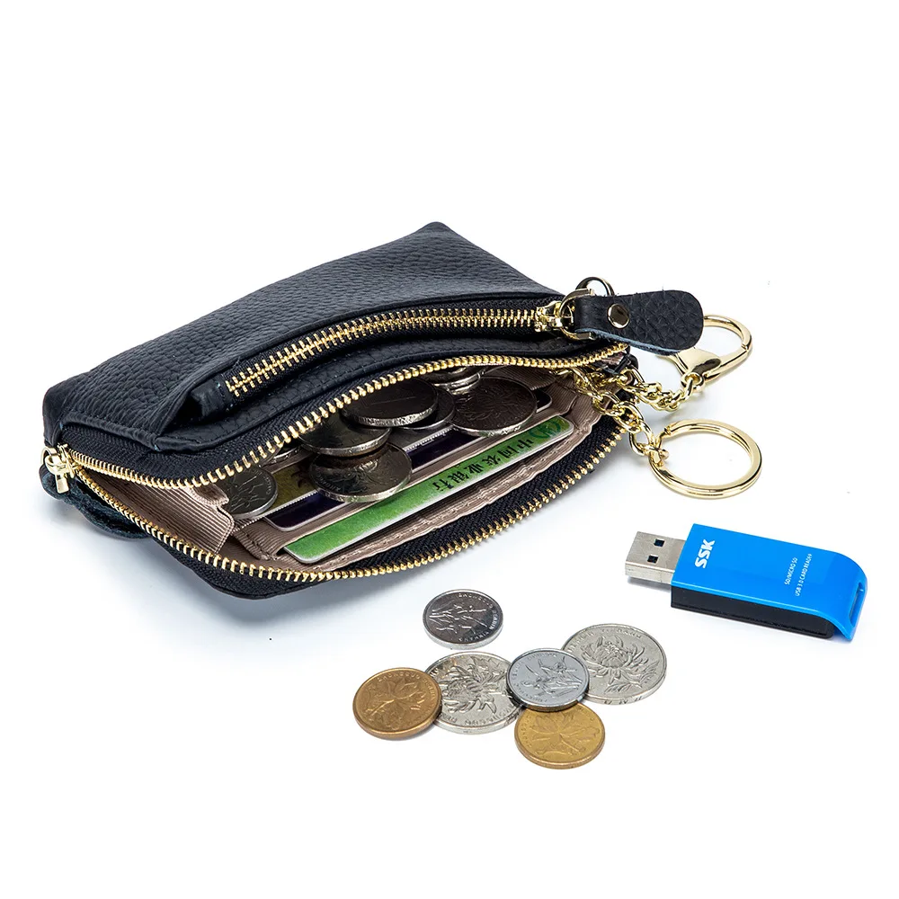 Western Genuine Leather Litchi Grain Double Zipper Mini Men Wallet Double Keychain Tiered Storage Coin Purse for Ladies