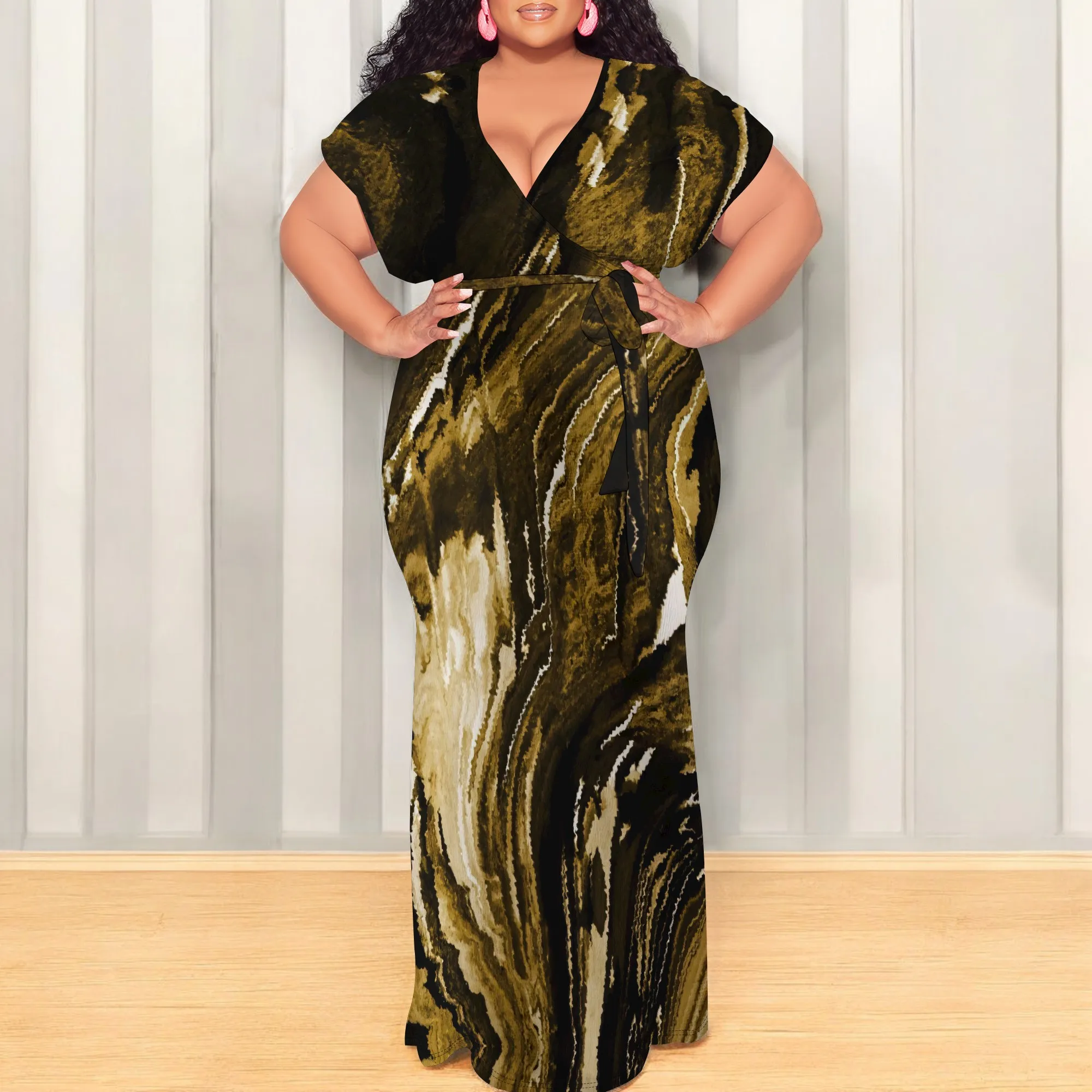 

EQQZD Летнее женское платье макси с цветочным принтом и V-образным вырезом, поясом и короткими рукавами