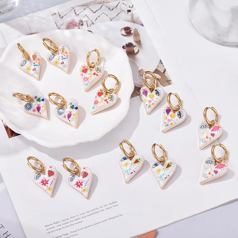 New Trendy Cute Heart Eye Stainless Steel Hoop Earrings For Women Colorful Vintage Enamel Gold Color Pendant Love Female Jewelry