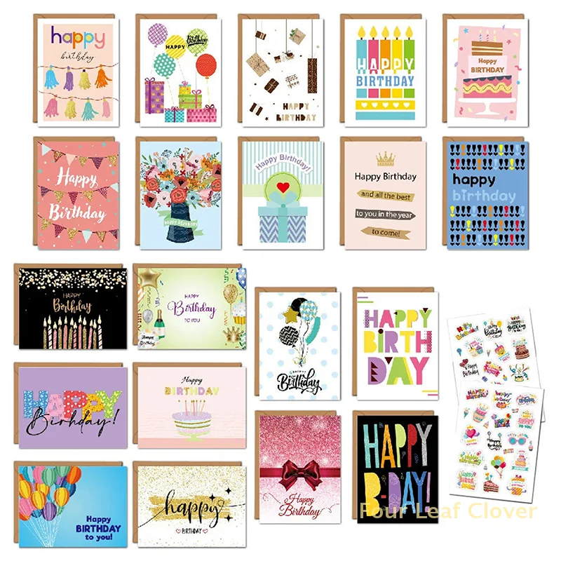 Happy Birthday Card Set, Folding Birthday Card, Contains 20 Foldable Cards And 20 Envelopes And Two Stickers