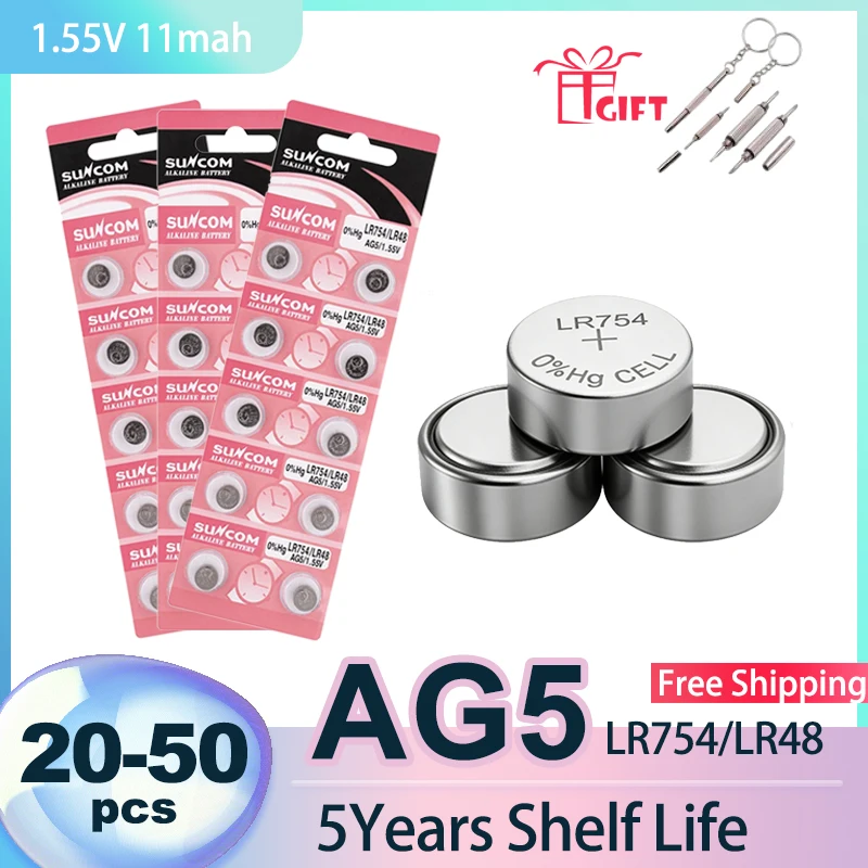 

1.55V LR754 AG5 SR754 SR754SW 393 193 L754 LR48 Button Coin Battery 20-50PCS For Watch Toys Clock