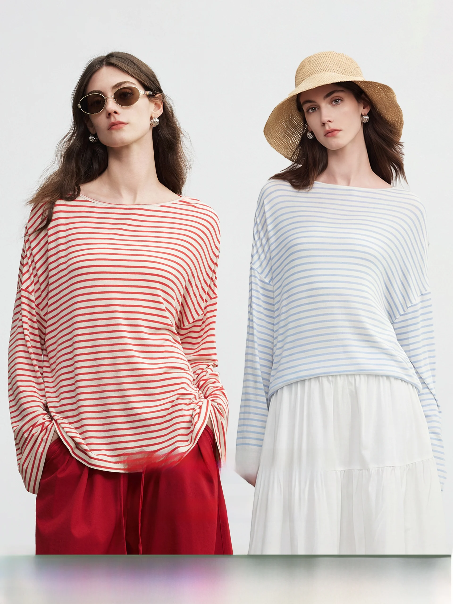 

Miiine Casual Striped Long Sleeve T-Shirt Breathable Lightweight Loose Fit Women's Top UV Protection Linen Blend round Neck