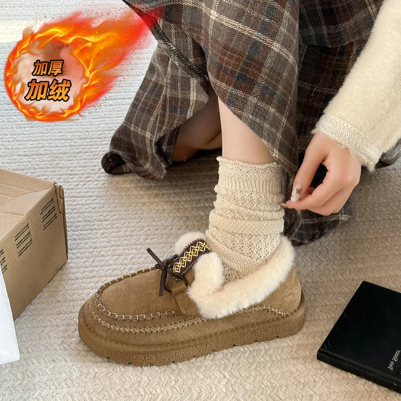 

Повседневные лоферы из овечьей шерсти, женские туфли на плоской подошве с ремешком, зимняя меховая обувь, женские хлопковые мокасины, теплые сапоги без шнуровки из овечьего меха