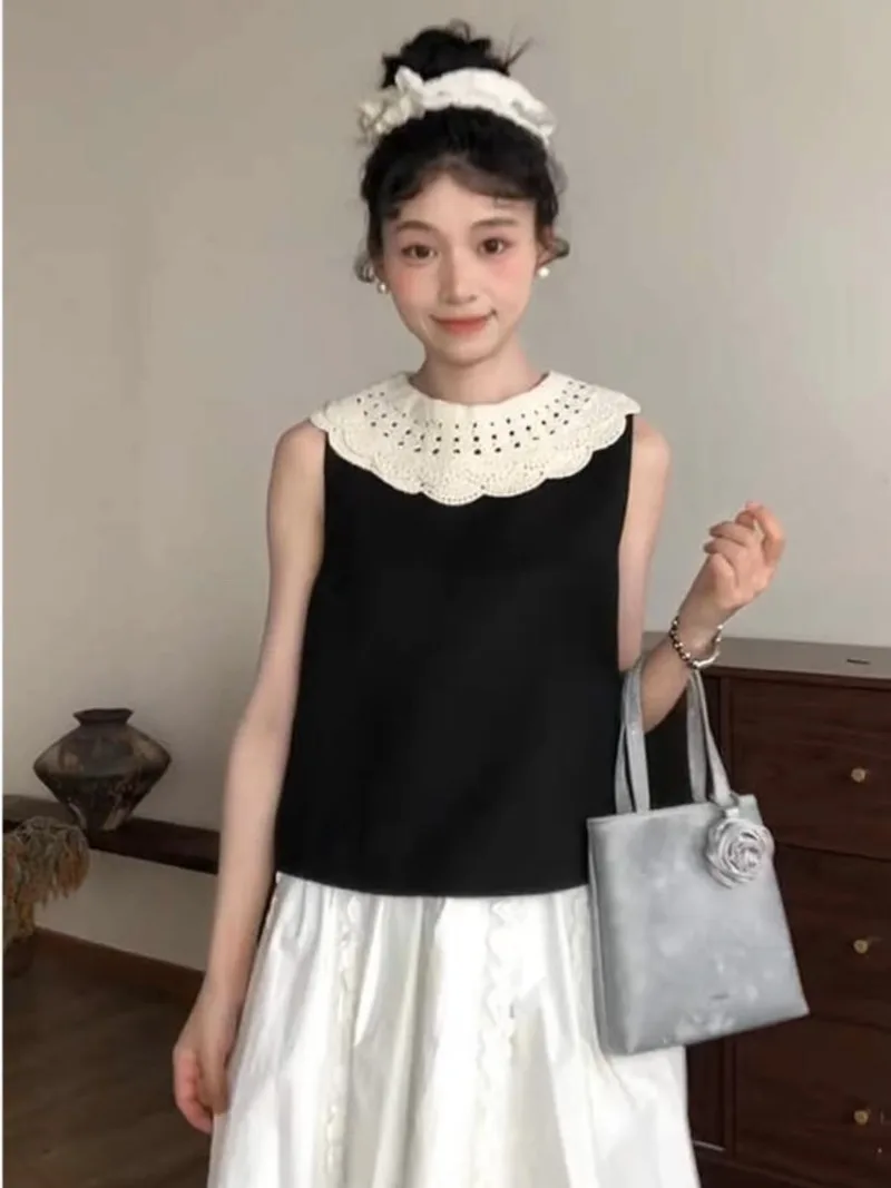 MiiiiX French Retro Lace Splicing Vest Women 2024 Summer O-neck Contrast Color Sleeveless Shirt Short Tank Top Female Clothes