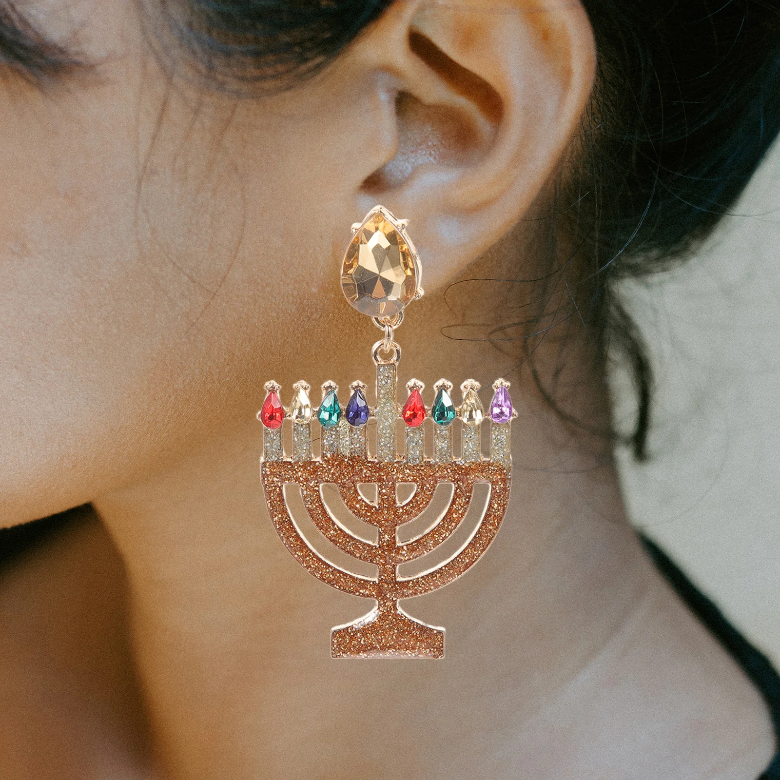 Hanukkah Diamond Earrings Festival Decors Women Dangle Candlestick Decorative Metal Novelty Drop Delicate Candlesticks