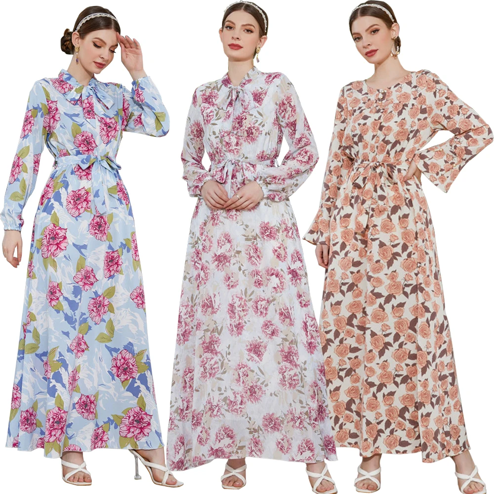 

Muslim Chiffon Printed Abaya Dress For Women African Modest Maxi Elegant Long Sleeve Dresses Arabic Kaftans Turkey Formal Abayas