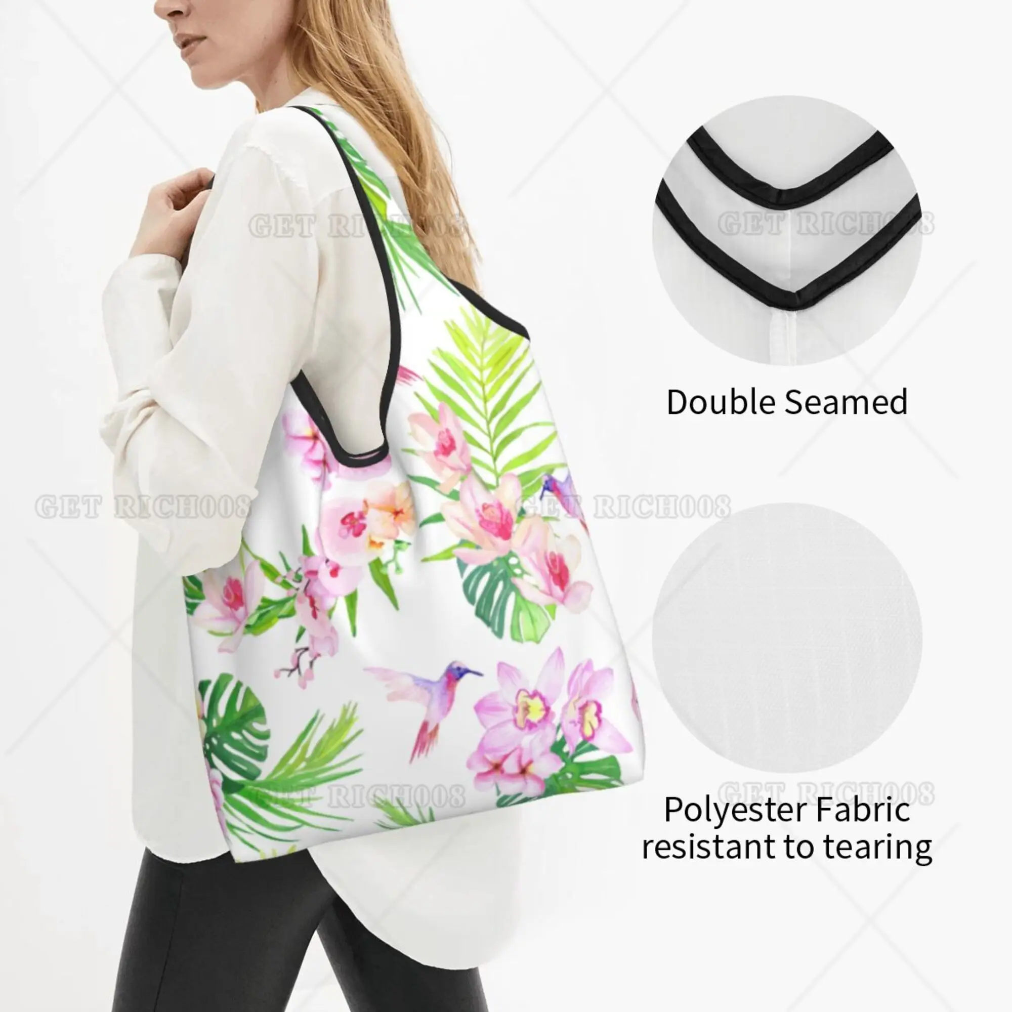 Bird and Flowers Spring Summer Women Girls Tote Bags Folding Eco-friendly for Shopping Outdoor Recyclable Grocery Bags One Size