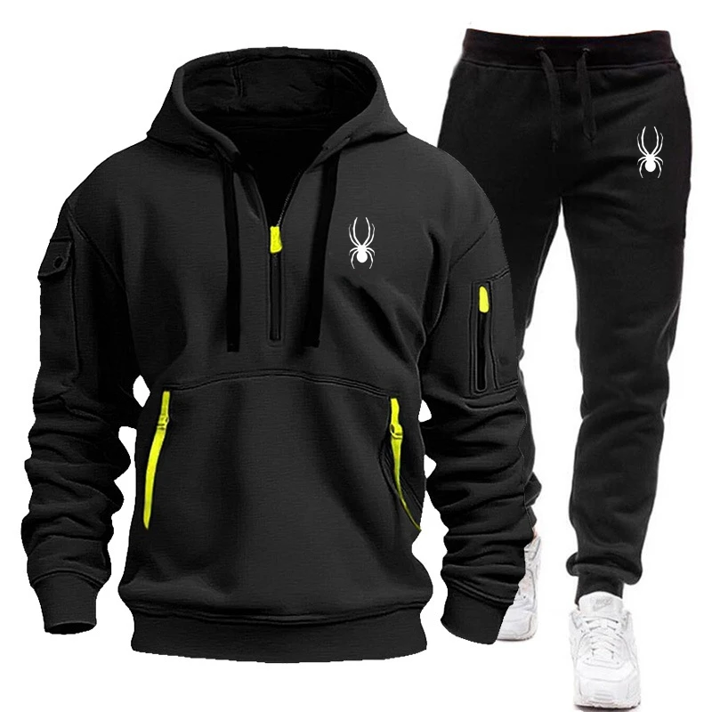 2024 new men's sports suit fashionable and casual autumn and winter long sleeved multi zipper printed fleece sweatshirt set