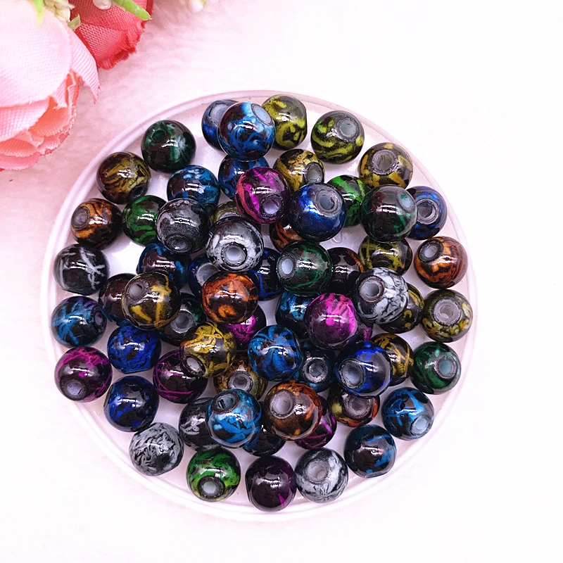 NEW 6/8mm Pattern Glass Beads Round Loose Spacer Beads For Jewelry Making DIY Bracelet Necklace