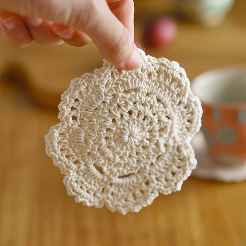 5pcs Vintage Floral Crochet Coasters--Perfect for Coffee Table, Wooden Table, Restaurant, Bar, Home, Residence and Kitchen