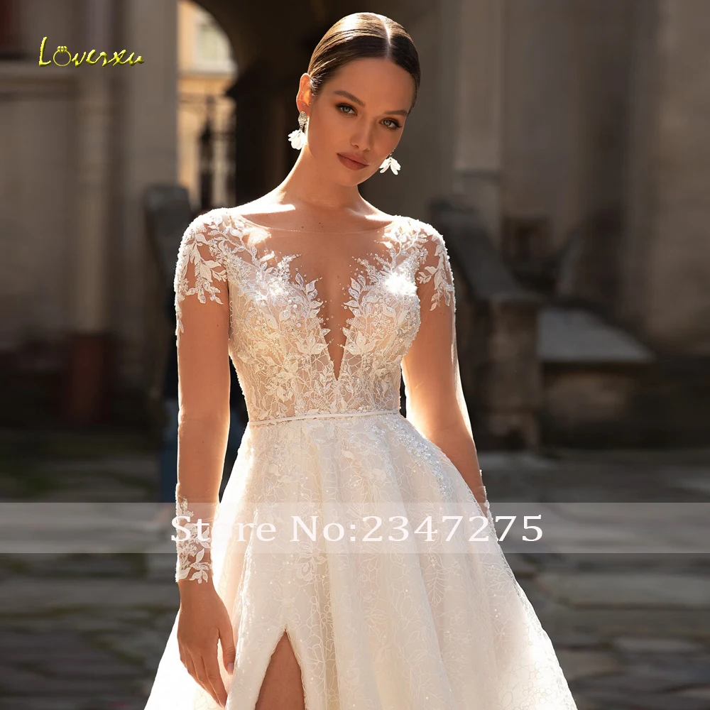 Loverxu gaun pernikahan Chic A-Line gaun pengantin lengan panjang Sweetheart Vestido De Novia renda berpayet Glitter Split gaun pengantin buatan khusus