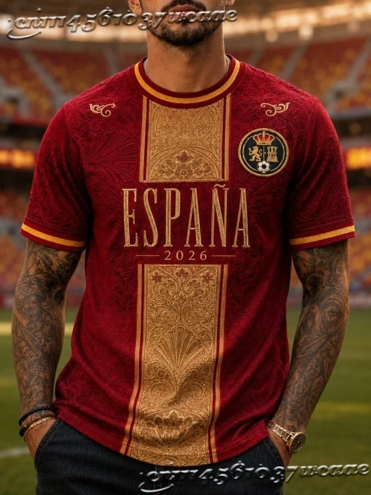 Unisex Spain Fan Soccer Jersey Vintage Embossed National Crest Pattern Background Casual Street Athletic Uniform FamilyMatching