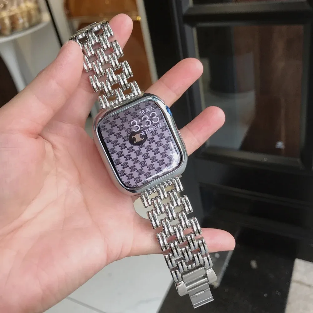 Suitable for Apple Watch five bead striped breathable woven i Watchs9 SE metal watch strap