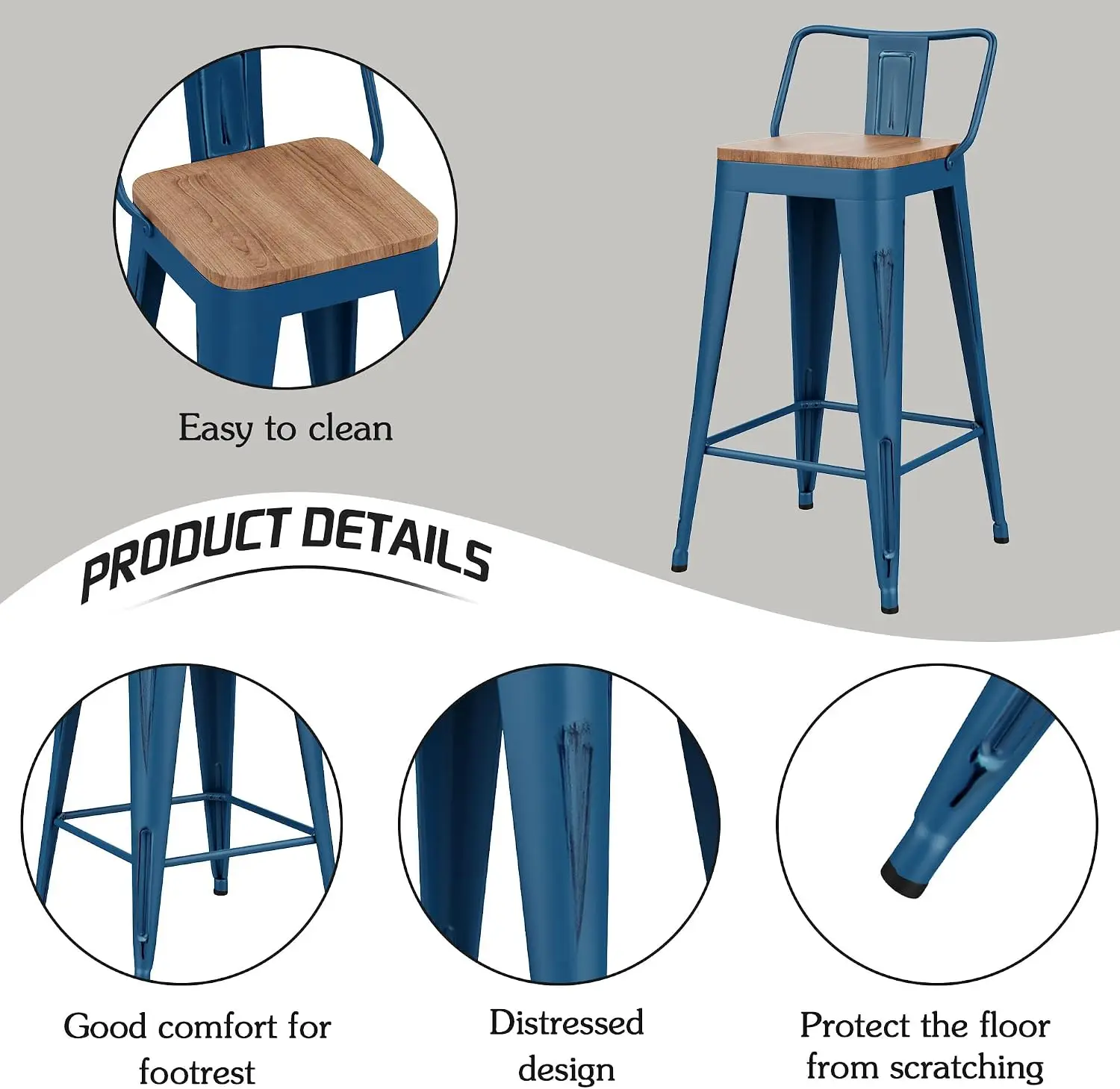 24" Metal Bar Stools Set of 4 Counter Height Barstools, Industrial Counter Stool Kitchen Bar Chairs with Modern Wooden Seat, Dis view 6