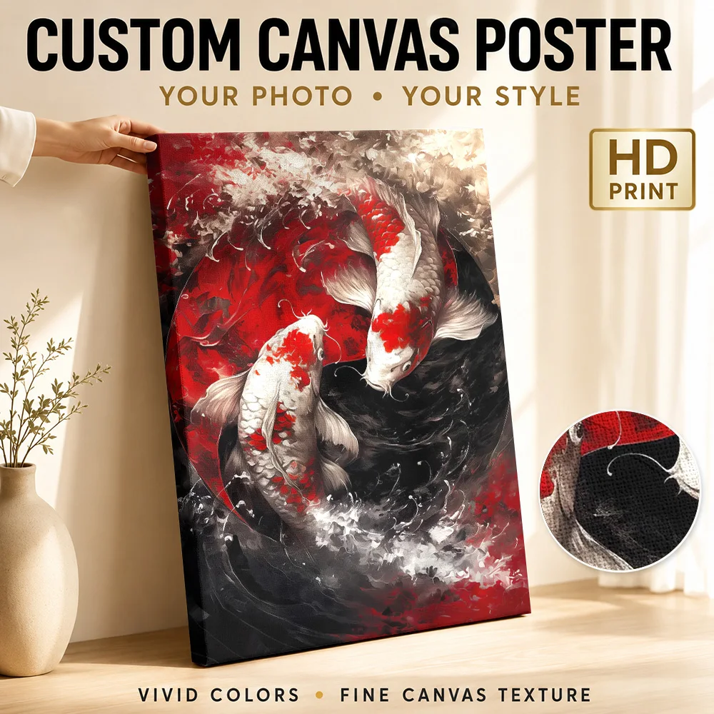 Koi Fish Yin and Yang Canvas Poster Customized Photo Japanese Inspired Wall Paintings Decoration for Living Room Ready to Hang