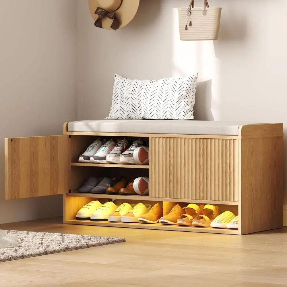 

39 Natural Oak Shoe Storage Bench with Cushion, Adjustable Shelves, LED Light for Entryway or Bedroom