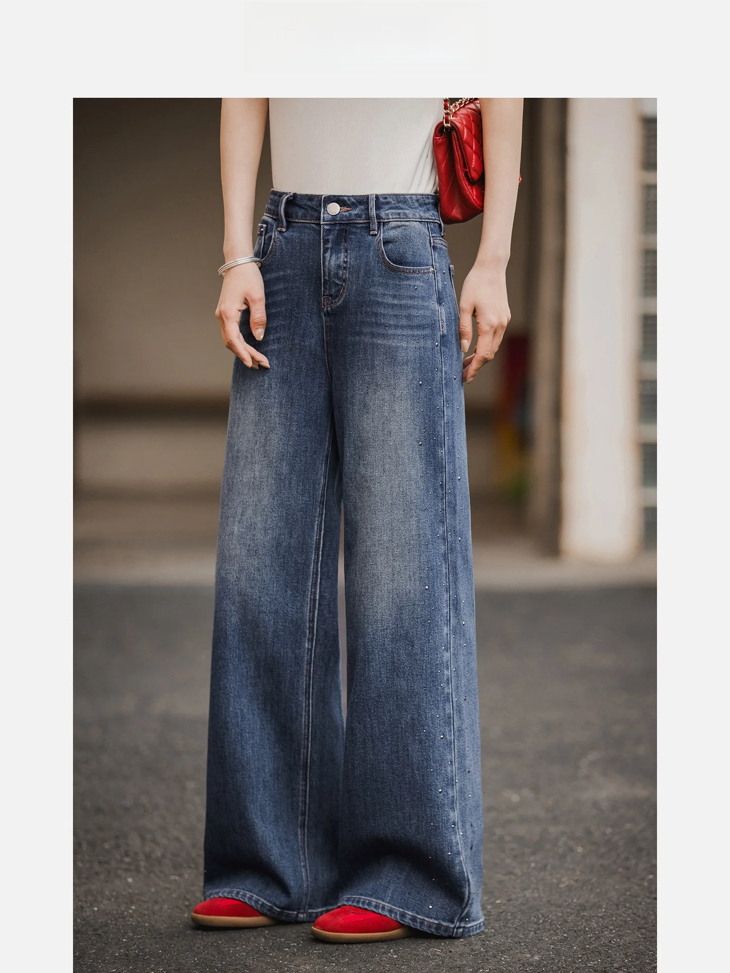 

Женские джинсы с богатой отделкой, с высокой талией, широкими штанинами, синие, весна-лето, стройнящие, длинные брюки, модные женские джинсы