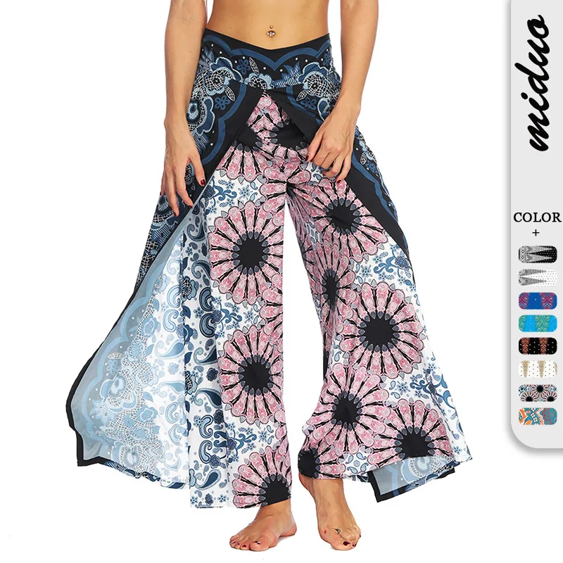 하이웨이스트 와이드 레그 팬츠 디지털 프린트 루즈핏 요가 바지 패셔너블한 민족 스타일 캐주얼 루즈핏 폴리에스터 섬유