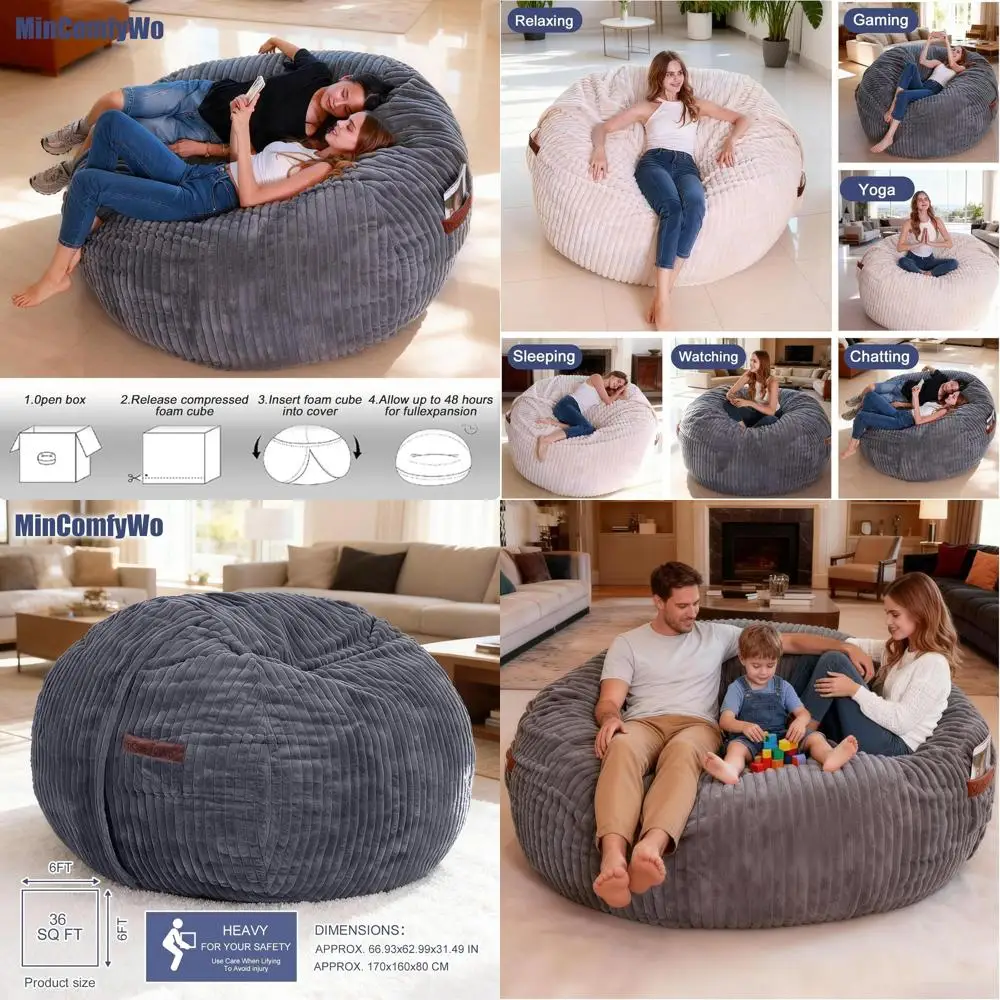 

6t Giant Bean Bags Chair or Adults, Extra Large Beag Chair with Memory oam illed, Big Comy Lounge Bean Bags Bed Lazy Soa Couch o