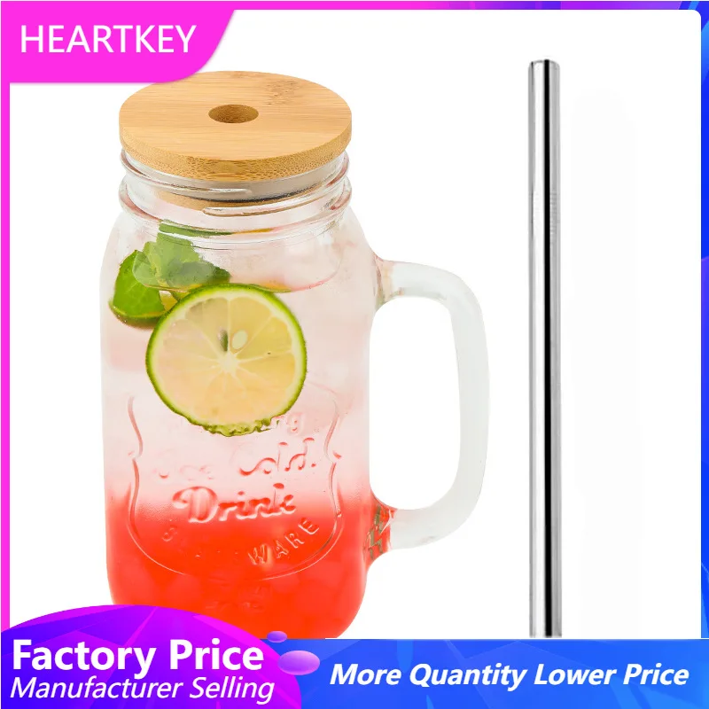 

Reusable Fruit Juice Cool Drinking Glasses Bottle Gradient Old Fashioned 16 oz Mason Jars Mug Cups with Handles Bamboo Lid Straw