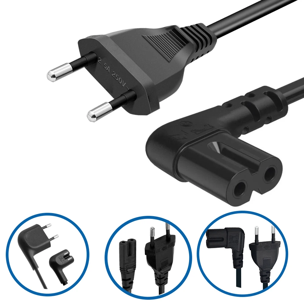 EU Power Cord Euro 2-Prong Plug to Figure 8 IEC 320-C7 Power Cable for Samsung TV, Printers, Scanners, Cameras, Copper Conductor