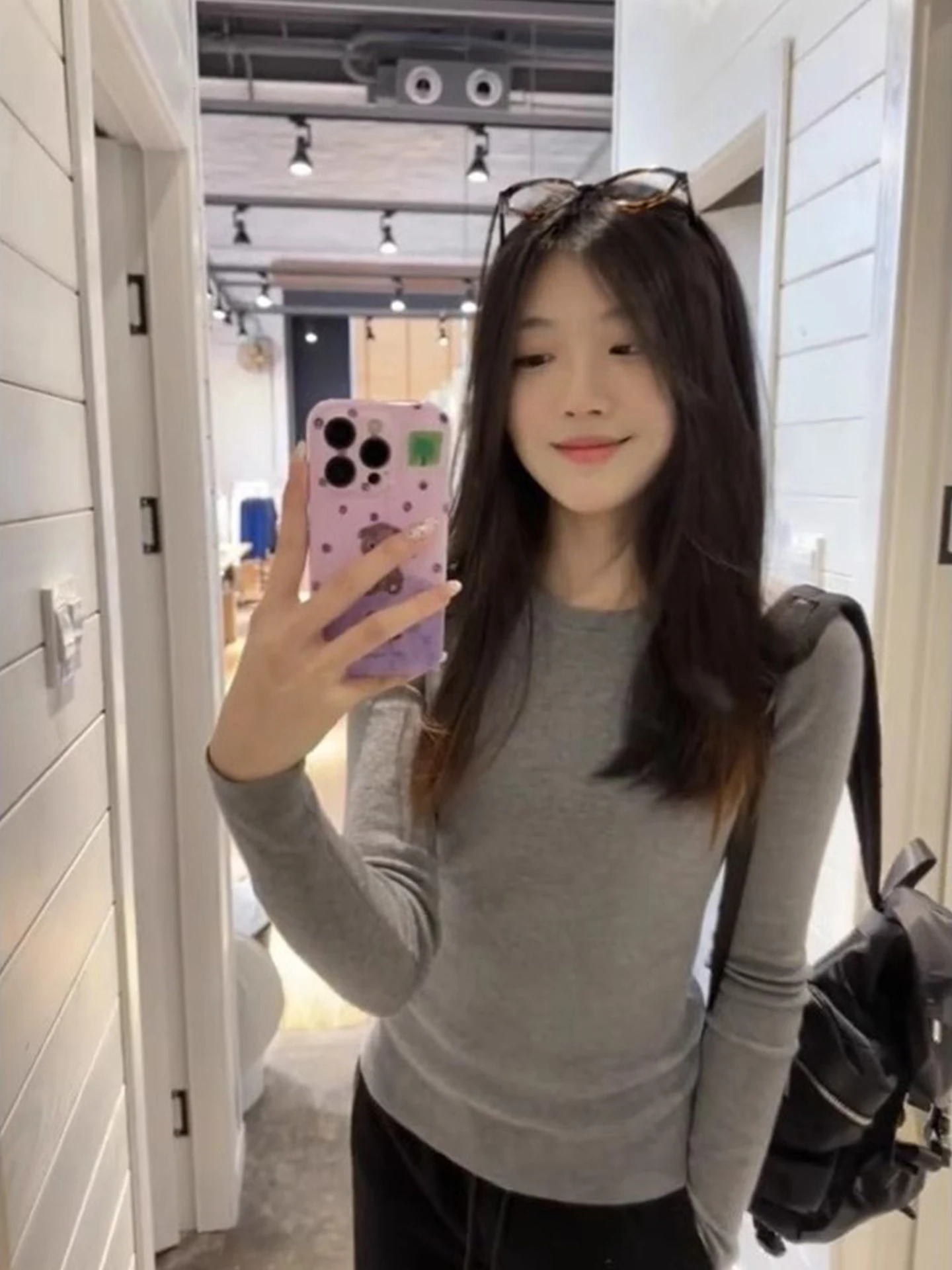 Coreano sle longo sve básico redondo ne camiseta feminina início do outono novo high-end versátil fino ajuste interior usar base irt topo