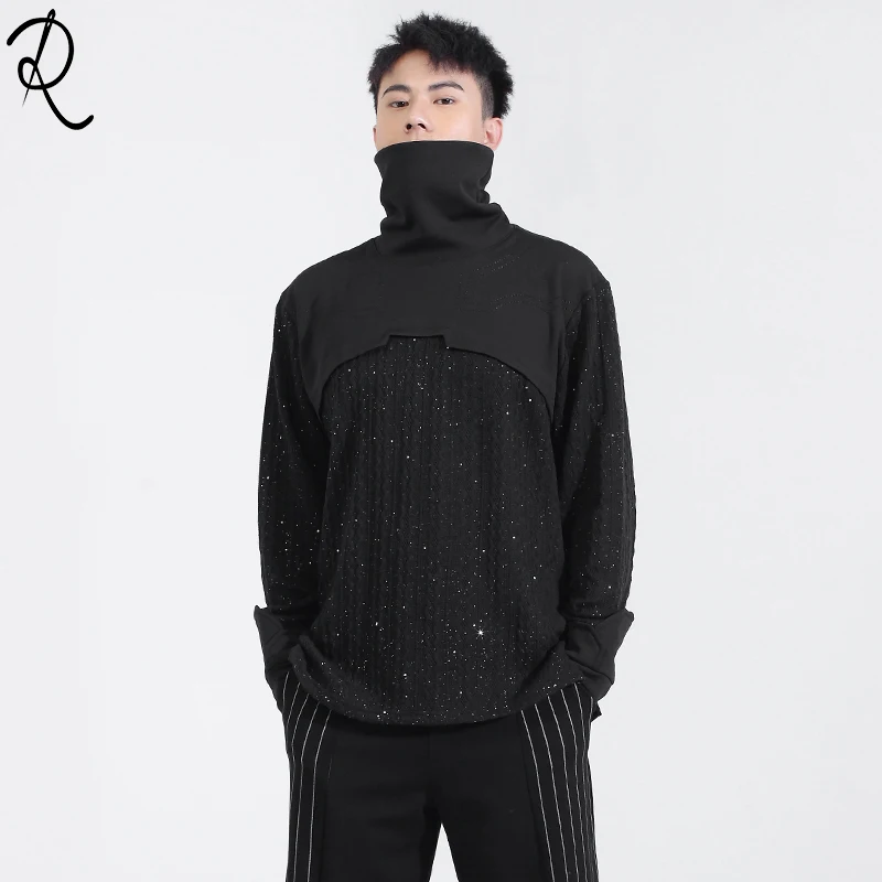 Dark Autumn And Winter Personalized Sequin Knit Sweater Patchwork Hoodie men's Half Turtleneck Base