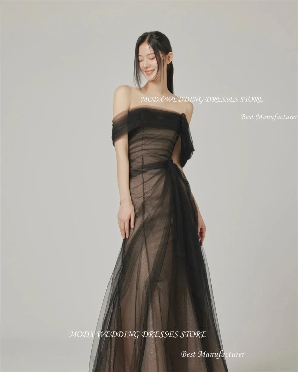 MODX One Shoulder Fairy Black Evening Dresses Wedding Photo shoot Tulle Korea Party Formal Prom Gowns Corset Back Floor Length