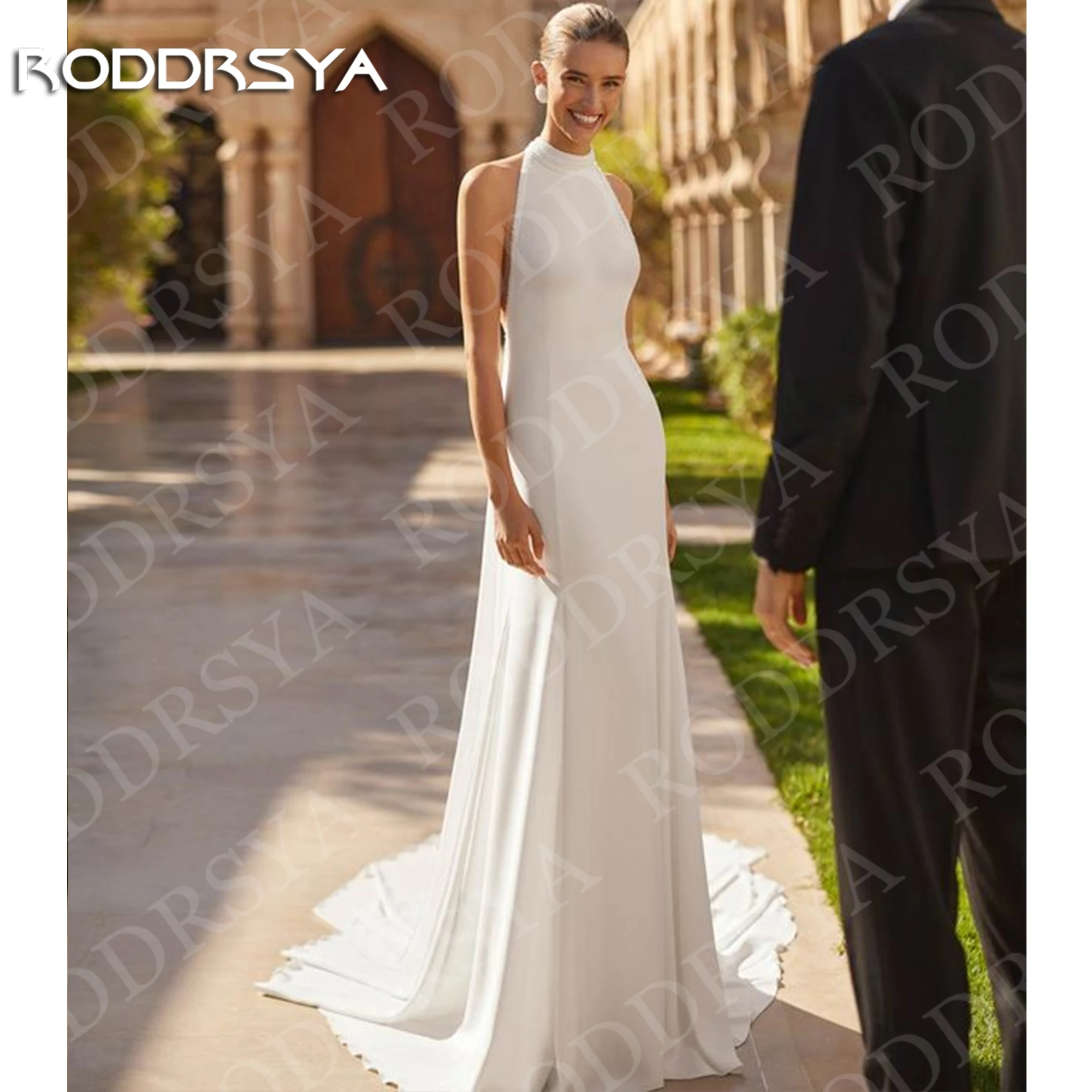 RODDRSYA Halter Neck Wedding Dress Open Back Vestidos De Novia Customized Modern Mermaid Woman Crepe Bridal Dresses Sleeveless