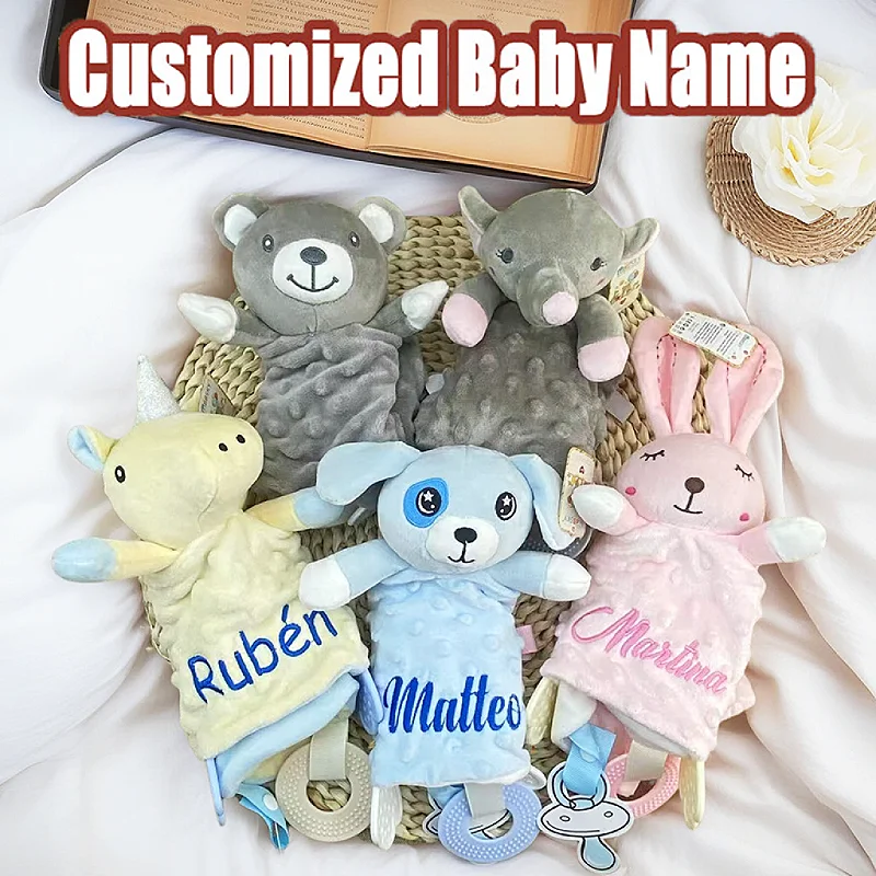 

Customized Name Baby Comforter Blanket Plush Stuffed Animal Security Blanket Infant Kids Sleeping Dolls Birth Gifts