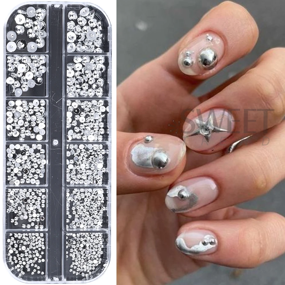 

12 Grids Gold Silver Half Round Bead Nail Art Charms 3D Mixed Size Flatback Round Bead Nail Parts DIY Metal Manicure Decoration