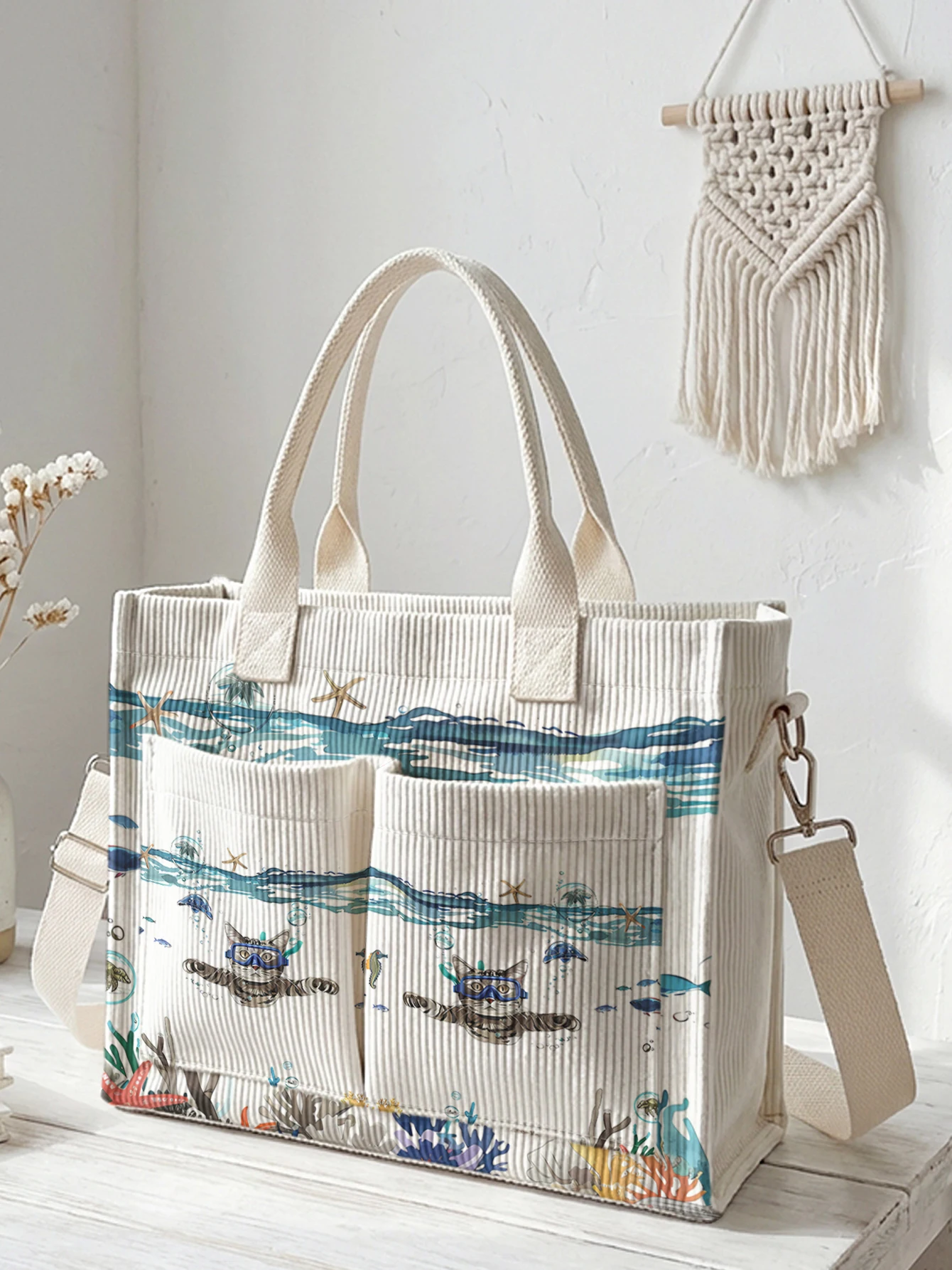 

Cute Diving Cat Underwater Ocean Print Corduroy Tote Bag Large Capacity Multi Pocket Cat Lover Commuter Shoulder Bag