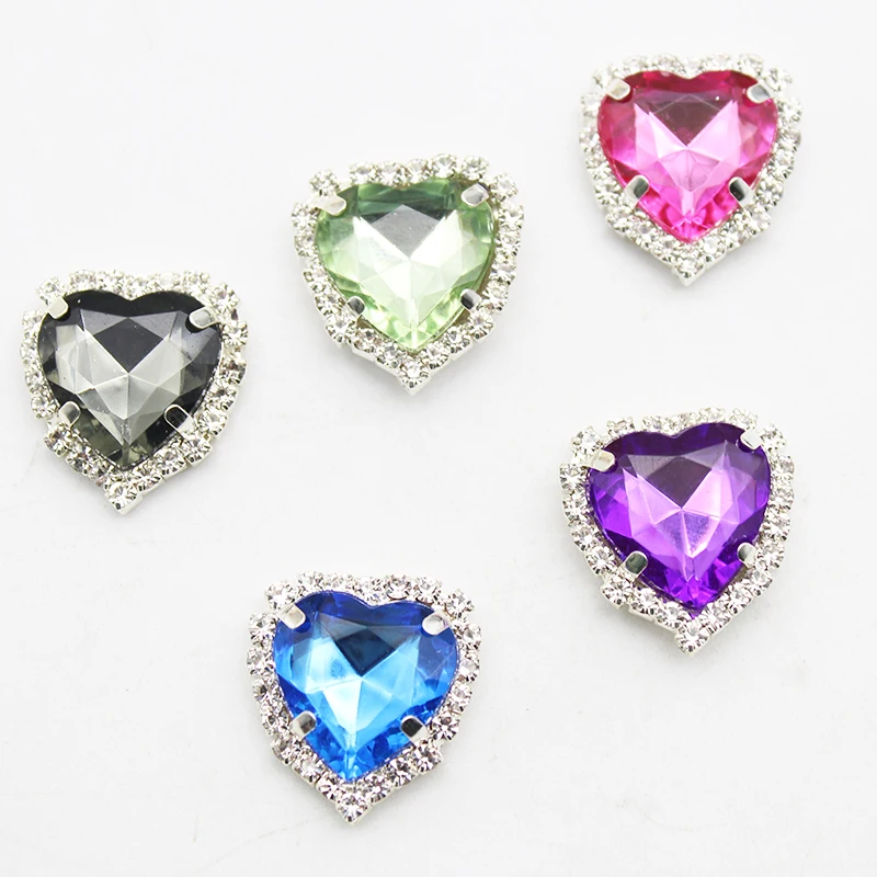 10pcs 20mm With 4 Holes Silver Metal Heart Acrylic Rhinestone Jjewelry Diy Headwear Clothing Flat Bottom Decoration Accessories