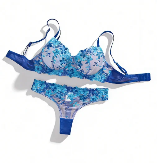 

Woman Lingerie Set Floral Embroidery Erotic Underwear Translucent Blue Exotic Floral See Through Bra Brief Set