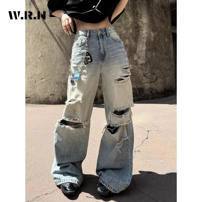

Рваные широкие джинсы Harajuku, свободные джинсы Emo Trashy, синие мешковатые брюки, женские винтажные свободные джинсовые брюки Kpop Y2K Damage