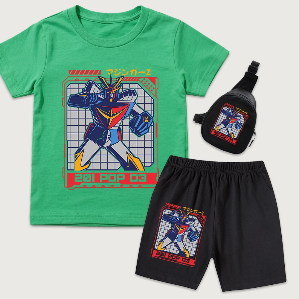 Mazinger Z Anime Print Kids Cotton T Shirt Shorts Mini Chest Bag 3 Piece Set for Boys Girls Summer Casual Clothing