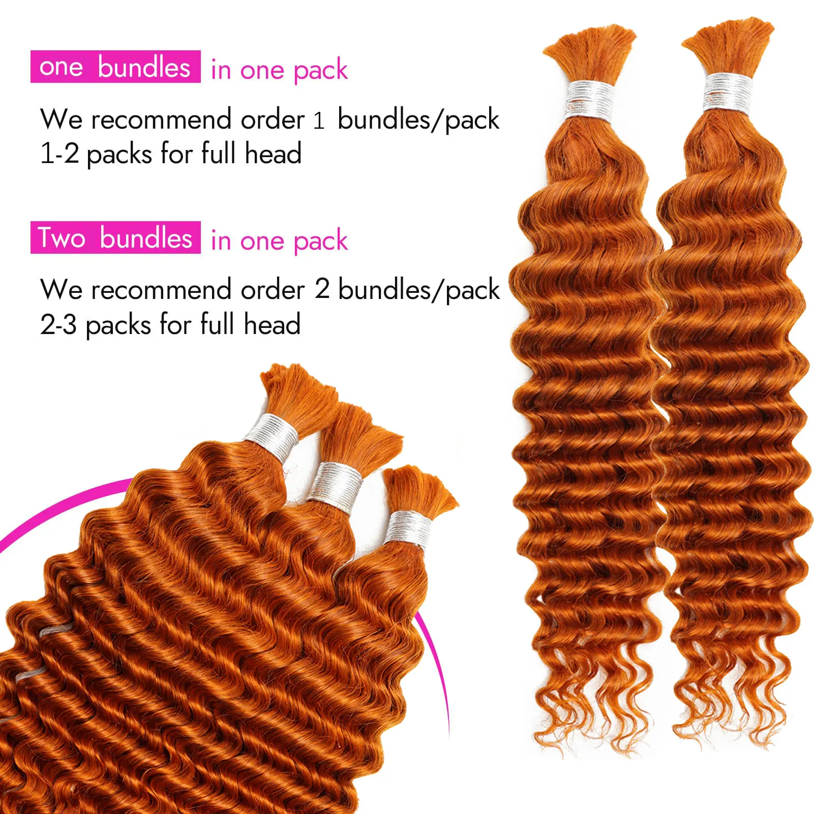 Ginger Deep Wave #350 Burnt Orange Color 24 Inch Braiding Hair Bulk Real Human Hair Extension Curly Hair Bundles for Boho Braids