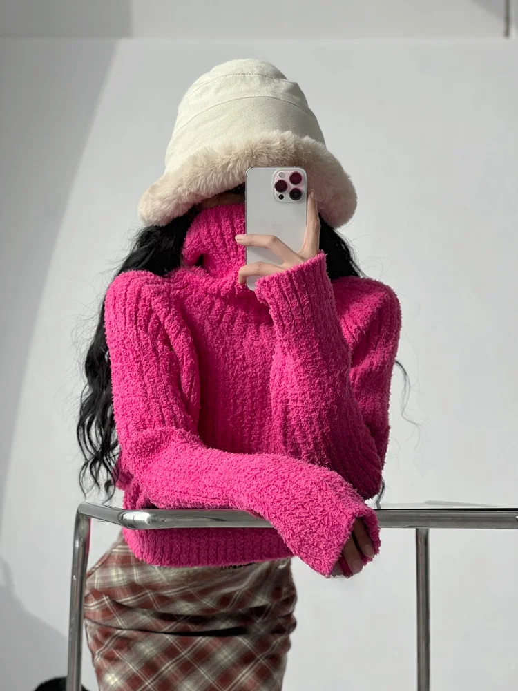 Sli ريترو عالية الياقة Thiened البلوز واحد oulder كسول ort محبوك سترة المرأة الخريف الشتاء لون فضفاض #4