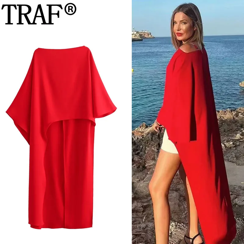 TRAF Asymmetric Cape Long Blouse For Women Red Blouses For Women Fashion 2023 Streetwear Beach Summer Loose Blouses Woman