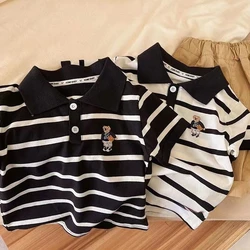 Summer Kids Clothes Cotton 2023 New Boys Handsome Fashion Casual Lapel Striped Cartoon Pattern Printed Short Sleeve Polo Shirt