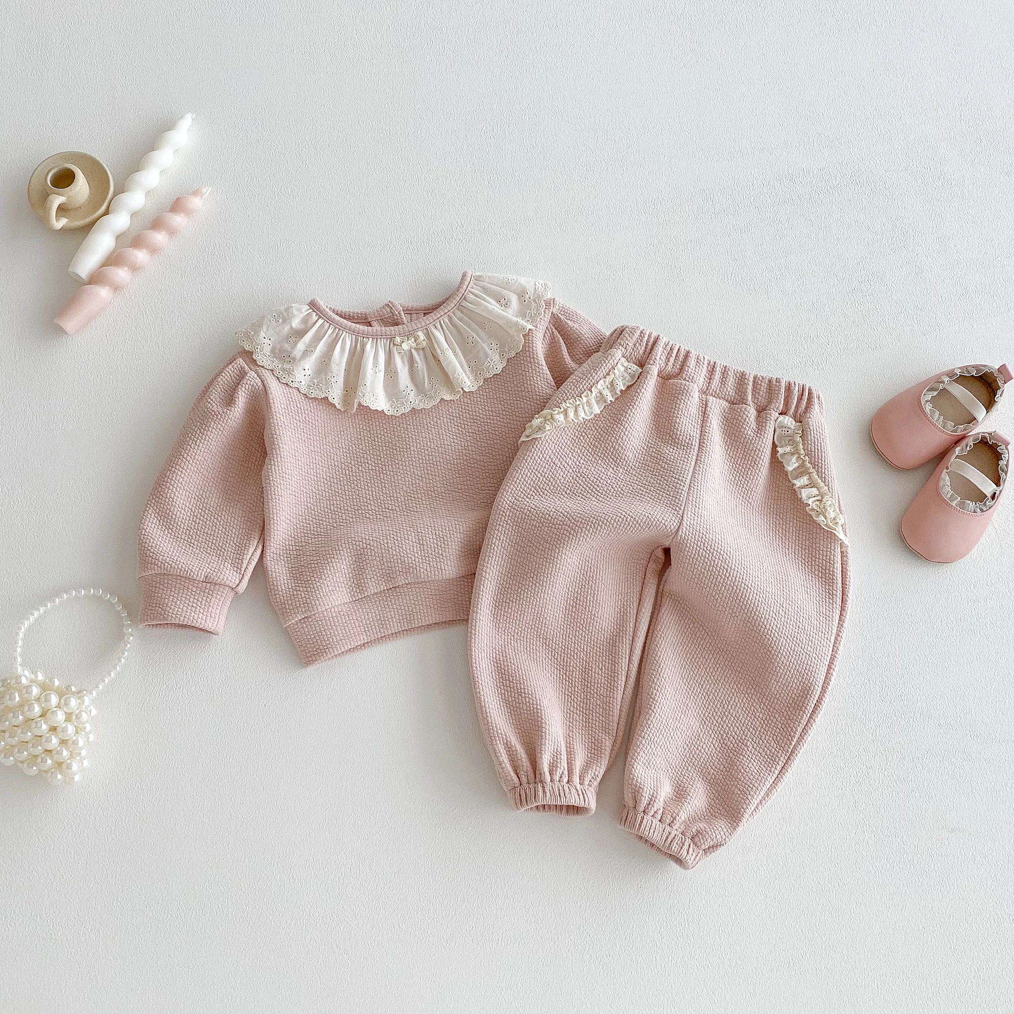 Spring and Autumn Korean-Style Cute Baby Lace Trim Doll Neck Sweatshirt and Sweatpants Set