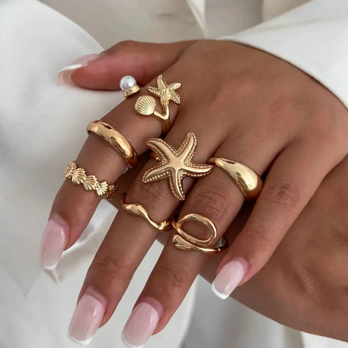 Ingemark  8pcs/set Bohemian Starfish Scallop Open Ring for Women Elegant Imitation Pearl Irregular Knuckle Ring 2026 New Jewelry