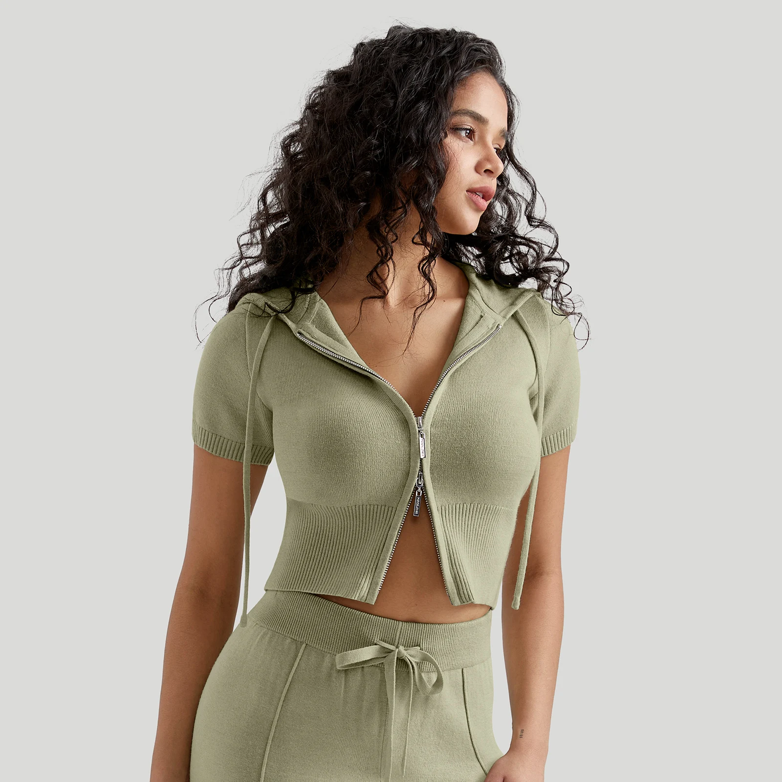 Sudaderas con capucha de punto con cremallera completa para mujer, suéteres informales, sudaderas de manga corta de color liso con cordón, cárdigan con cremallera, ropa Y2K