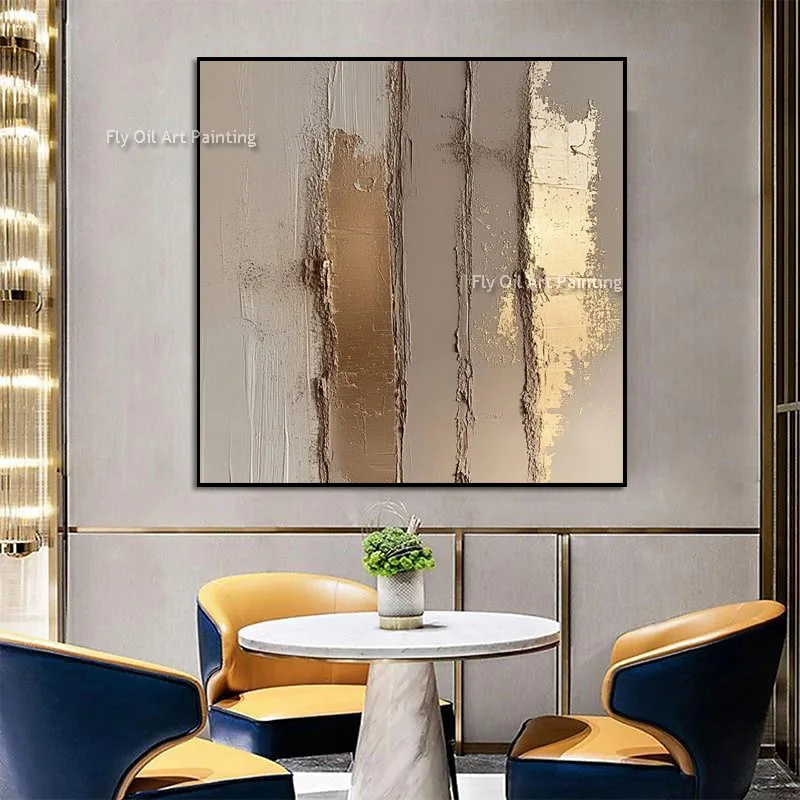 Hand Painted Impasto Gold Vertical Abstract Oil Painting, Textured Square Canvas, Luxury Dining Wall Decor